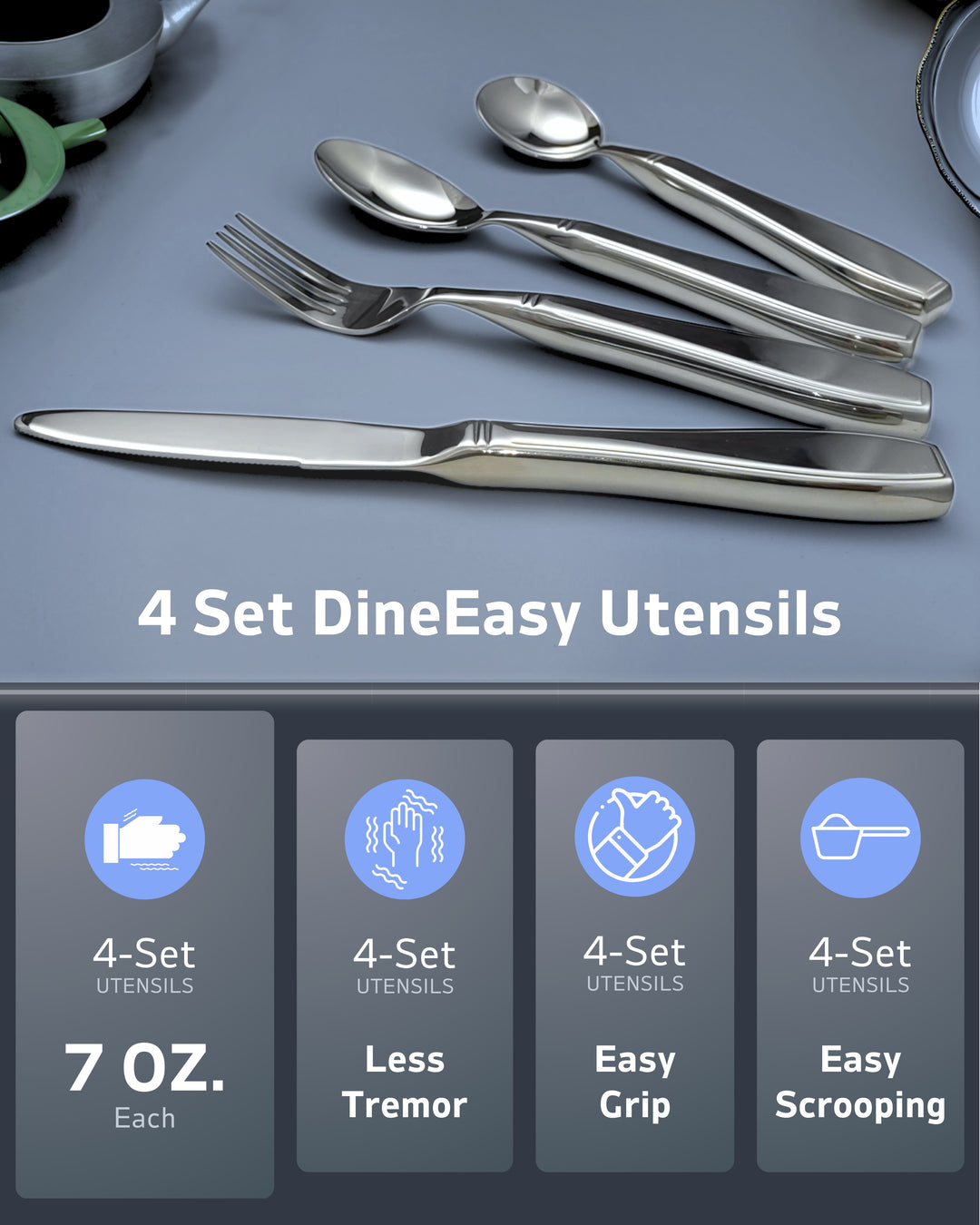 4-Piece Weighted Utensils for Tremors and Parkinsons (7 oz Each)