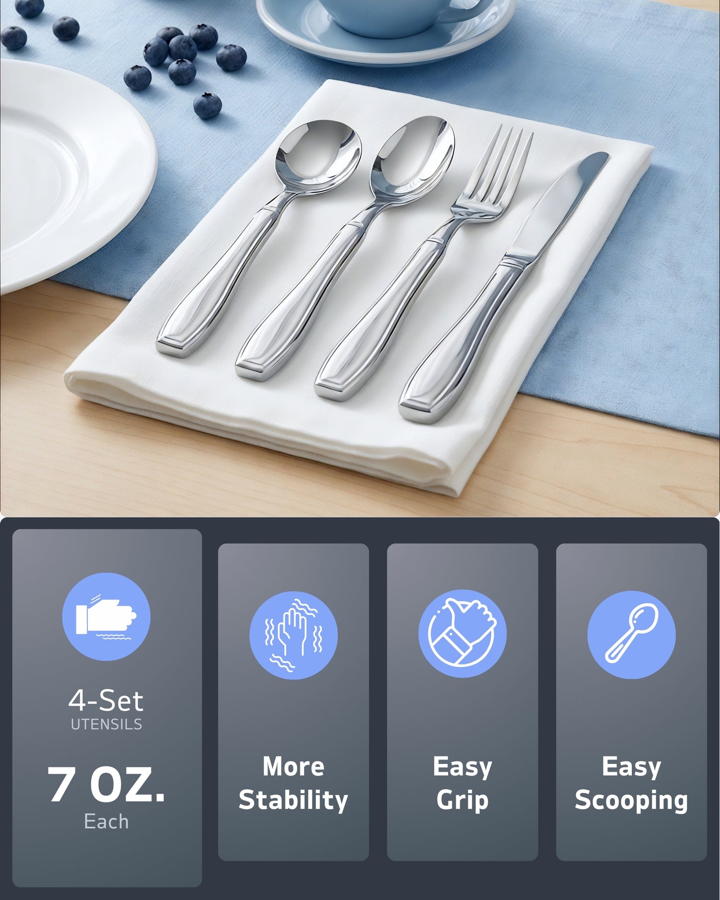 BaseSmall 7 oz Weighted Utensil Set – Stabilizing Cutlery for Hand Tremors & Arthritis